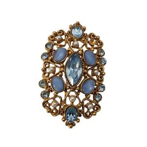 Vintage ornate signed Florenza gold tone‎ blue rhinestones brooch pin